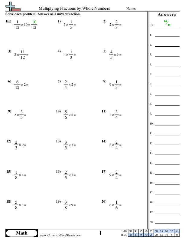 Multiplying Fractions by Whole Numbers worksheet